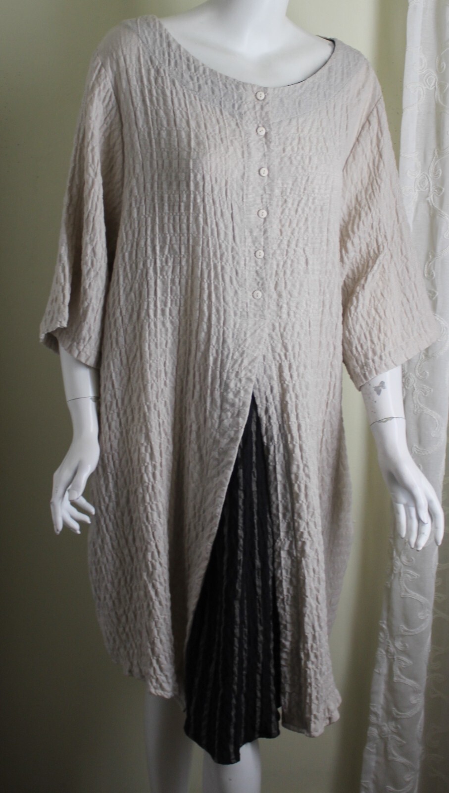 Gershom Bram ISRAEL XL Beige Funky Crinkled Lagenlook Art Dress Tunic Top