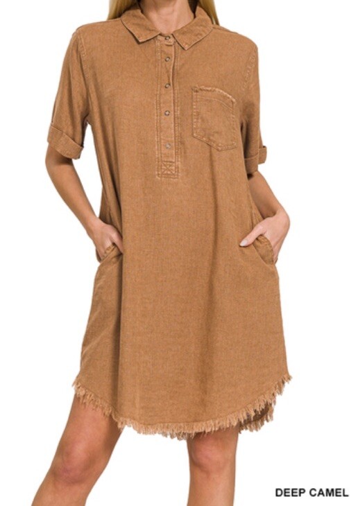 Zenana Washed Linen Raw Edge Button Down V Neck Dress Color Camel Size Small