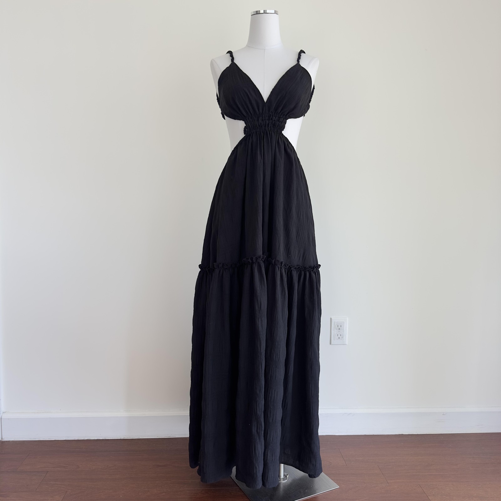 Mable Maxi Dress Small Black Cut Out Tiered Strappy Open Back Minimalist Boho