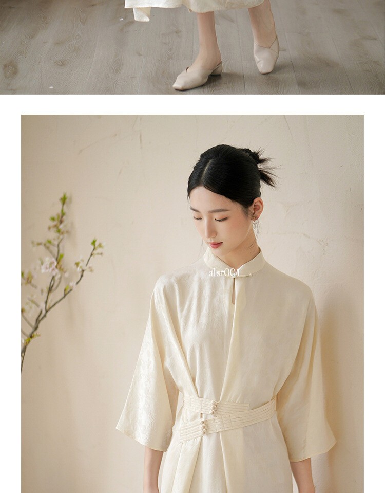 Retro Chinese Style Zen Design Womens Stand Collar 3/4 Sleeve Long Dresses Qipao