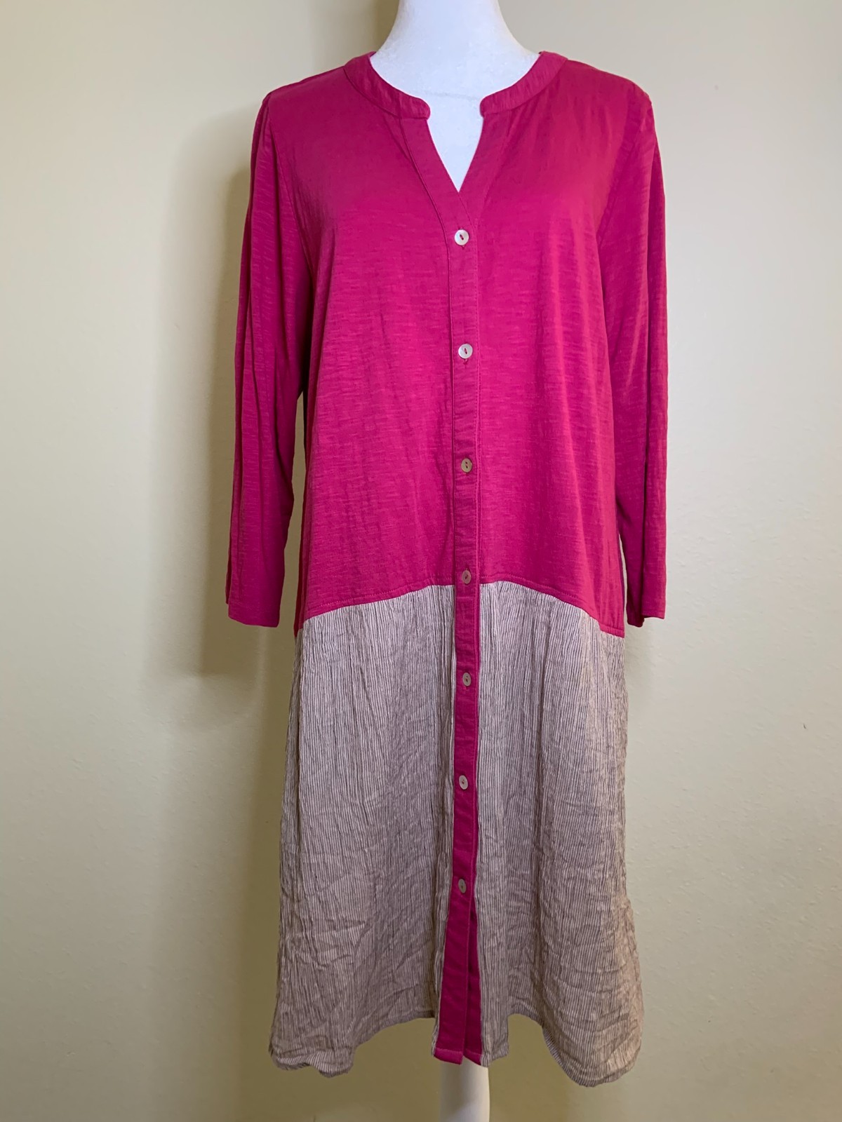 LOGO Lori Goldstein Cotton Dress M Drop Waist Pockets Button-Front 3/4 Sleeve