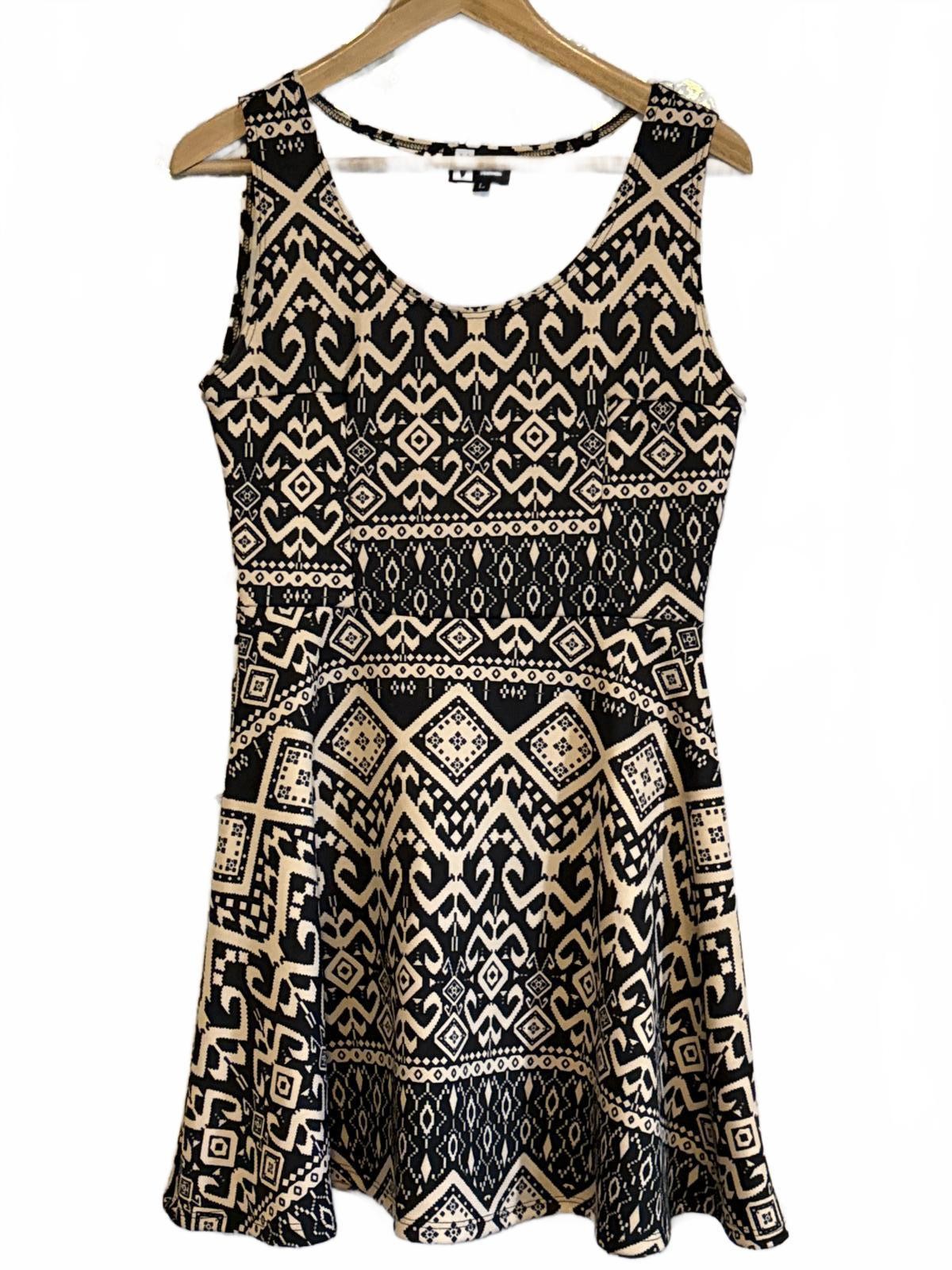 Vibe Sportswear Black and Beige Patterned Sleeveless Dress, Size Large