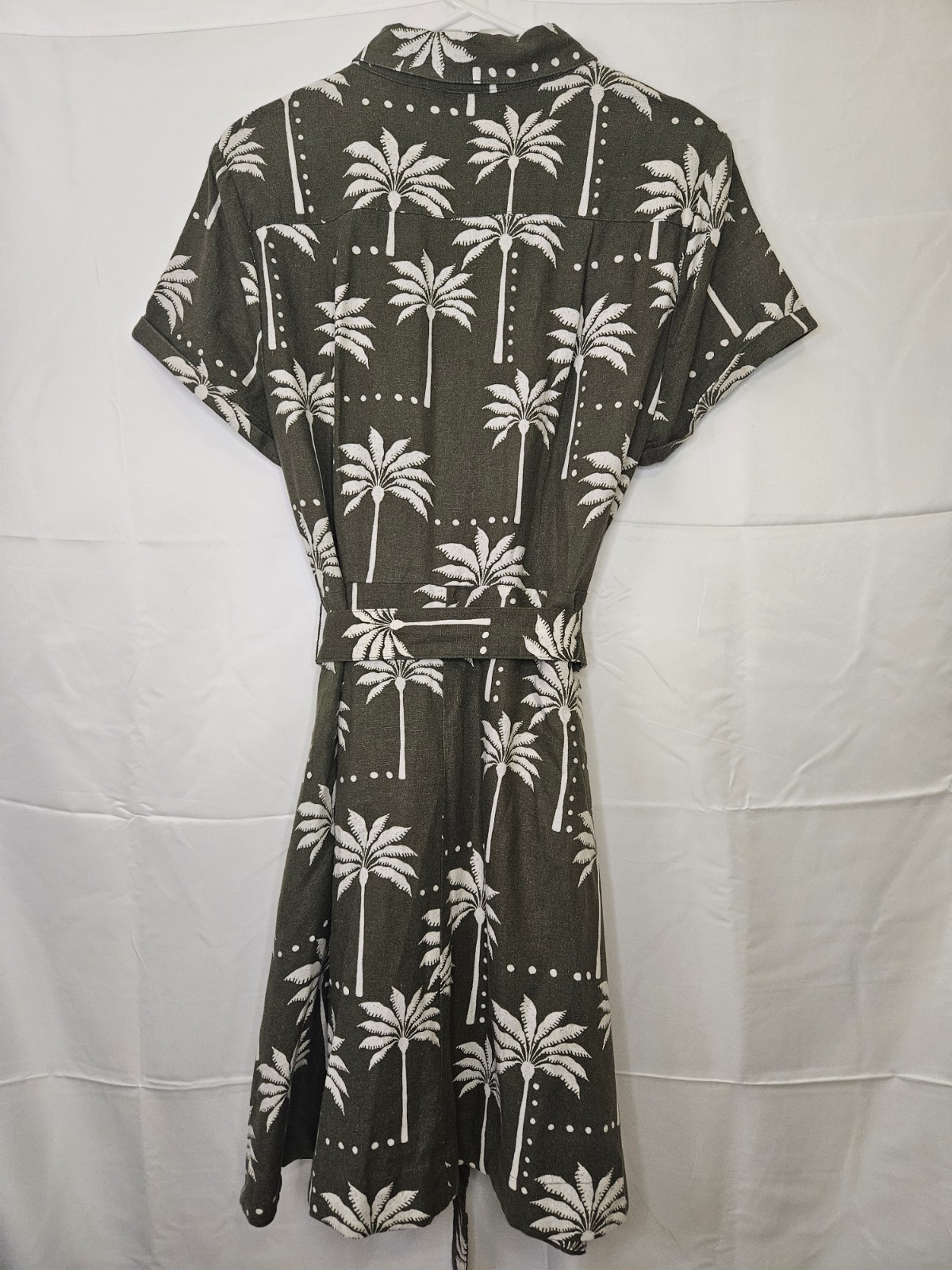 Tahari Olive Palm-Print Button-Front Midi Dress Belt Dress