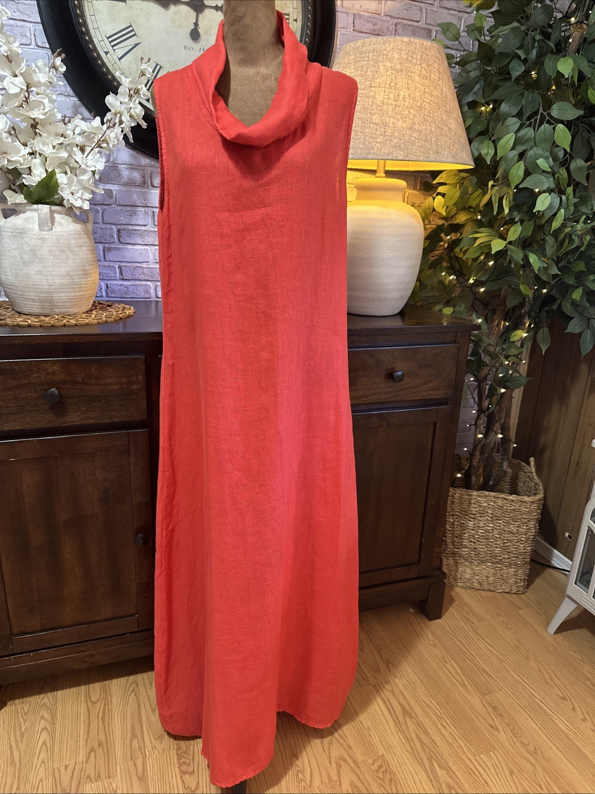 Francesca Bettini 100% Linen Italian Long Cowl Neck Dress Coral/Red Large