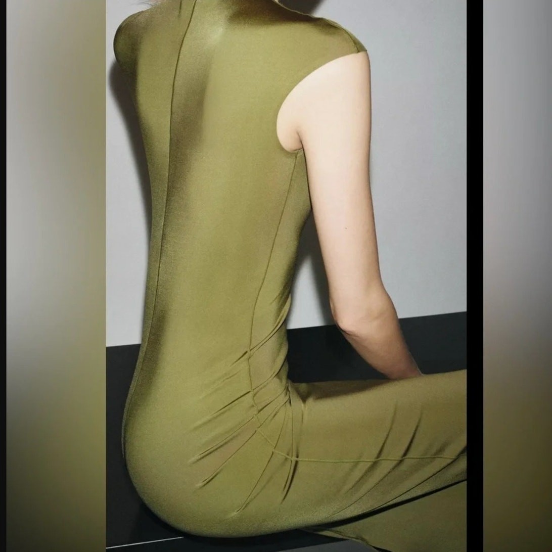 Zara Olive Green sculpting bodycon Polyamide Midi Dress size L NWOT minimalist