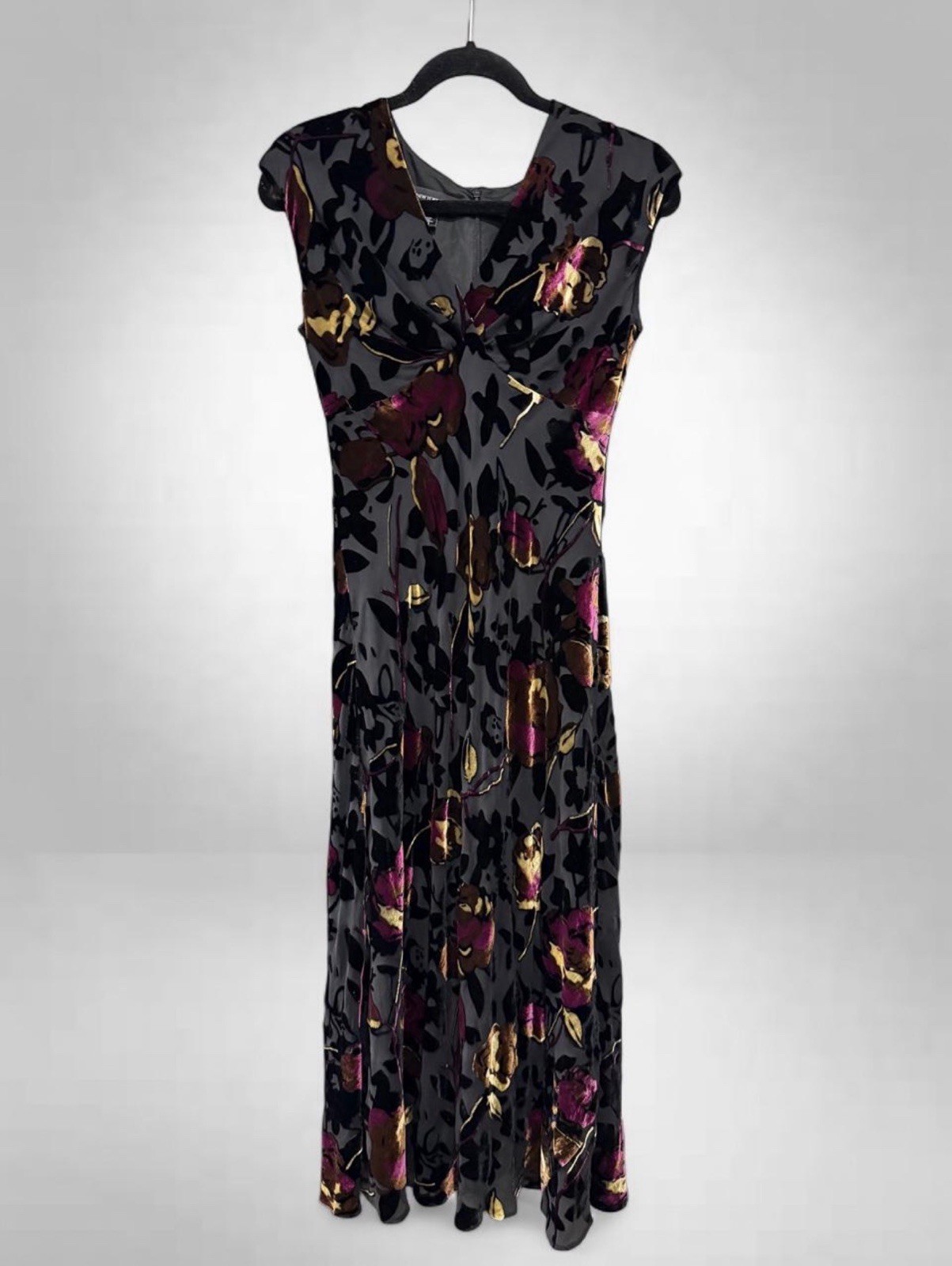 Vintage Jones New York Silk Rayon Burnout Black Velvet Floral Midi Dress Size 12