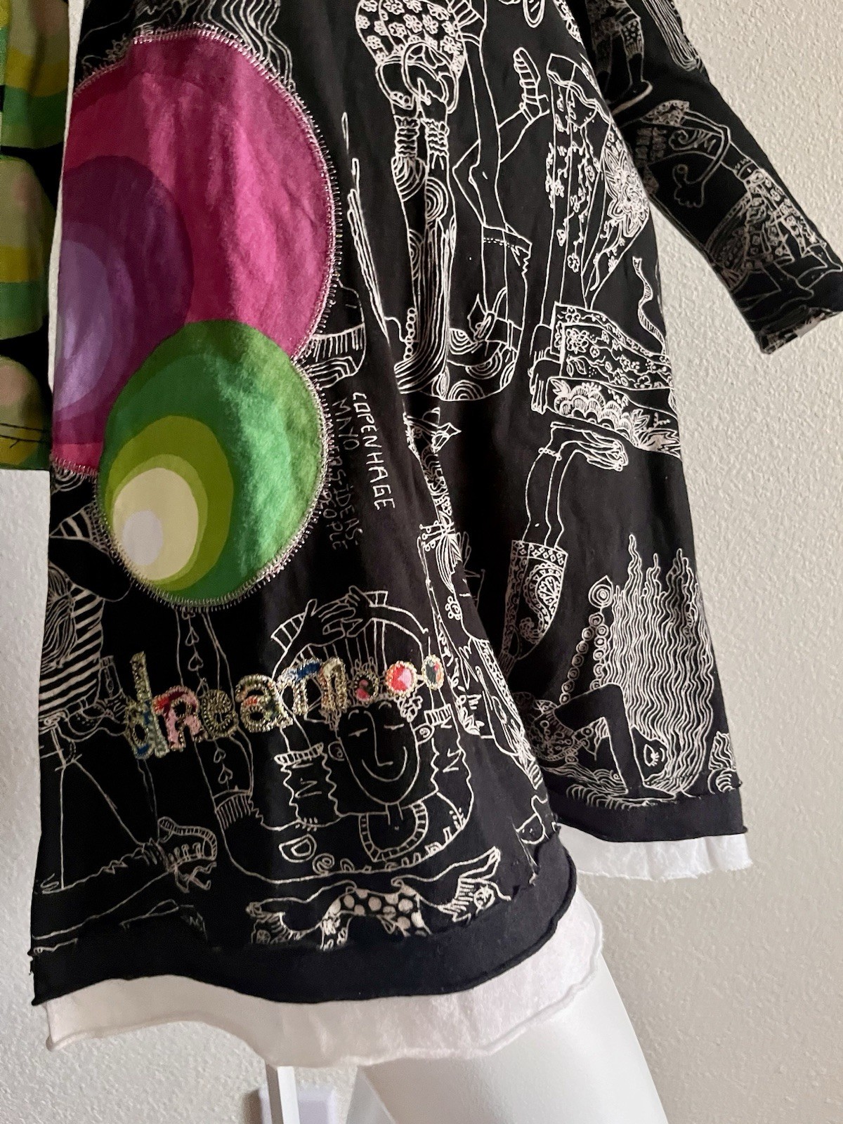 Desigual Art Print Dress Size Small Black Graphic Asymmetrical Sleeve Boho
