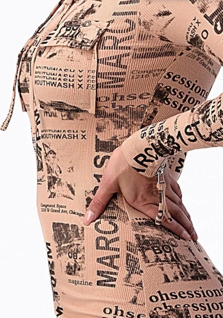Magazine Print Tan/Gray Hooded Long Sleeve Bodycon Dress