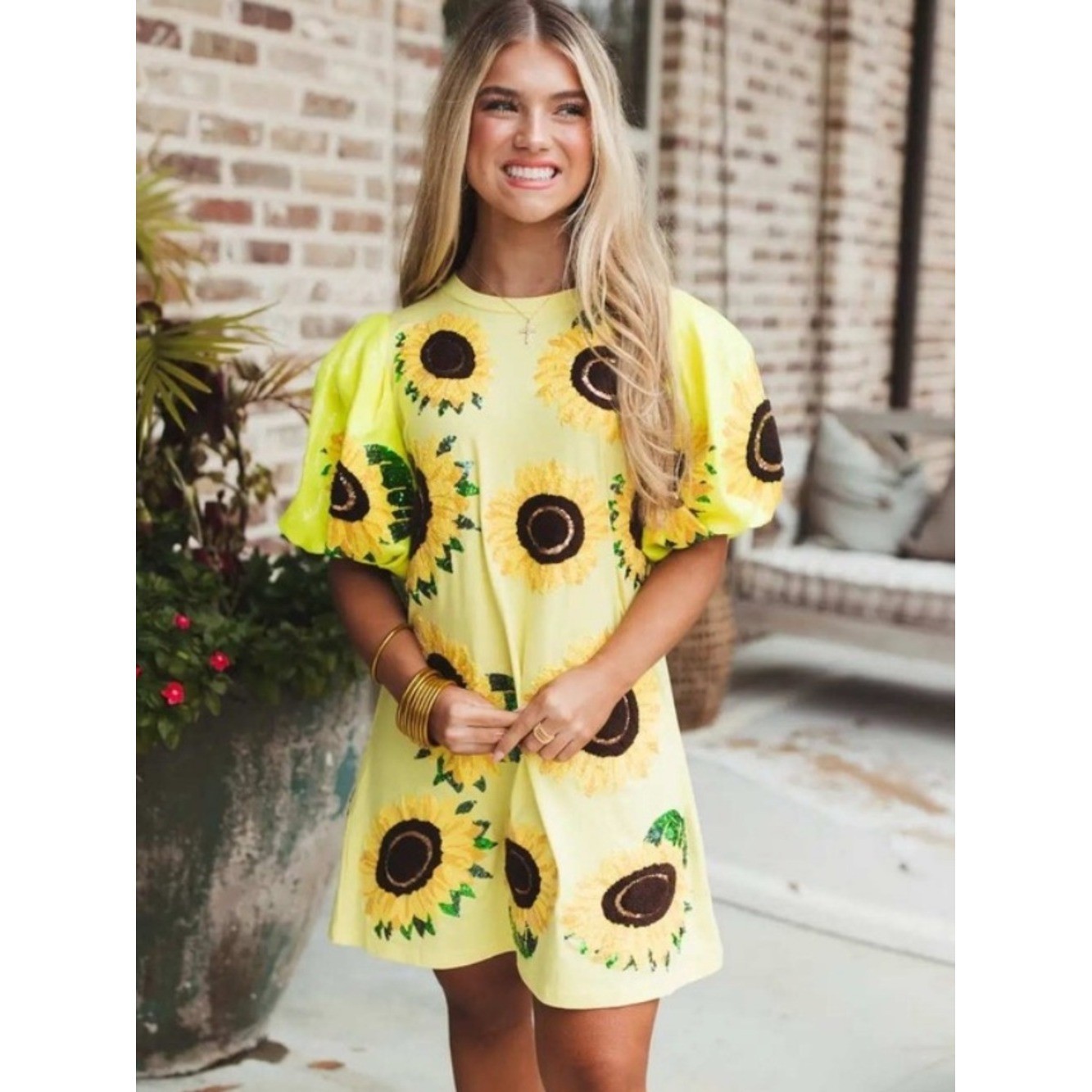 NEW Queen of Sparkles Sunflower Sequin Dress Puff Sleeve Yellow XS *