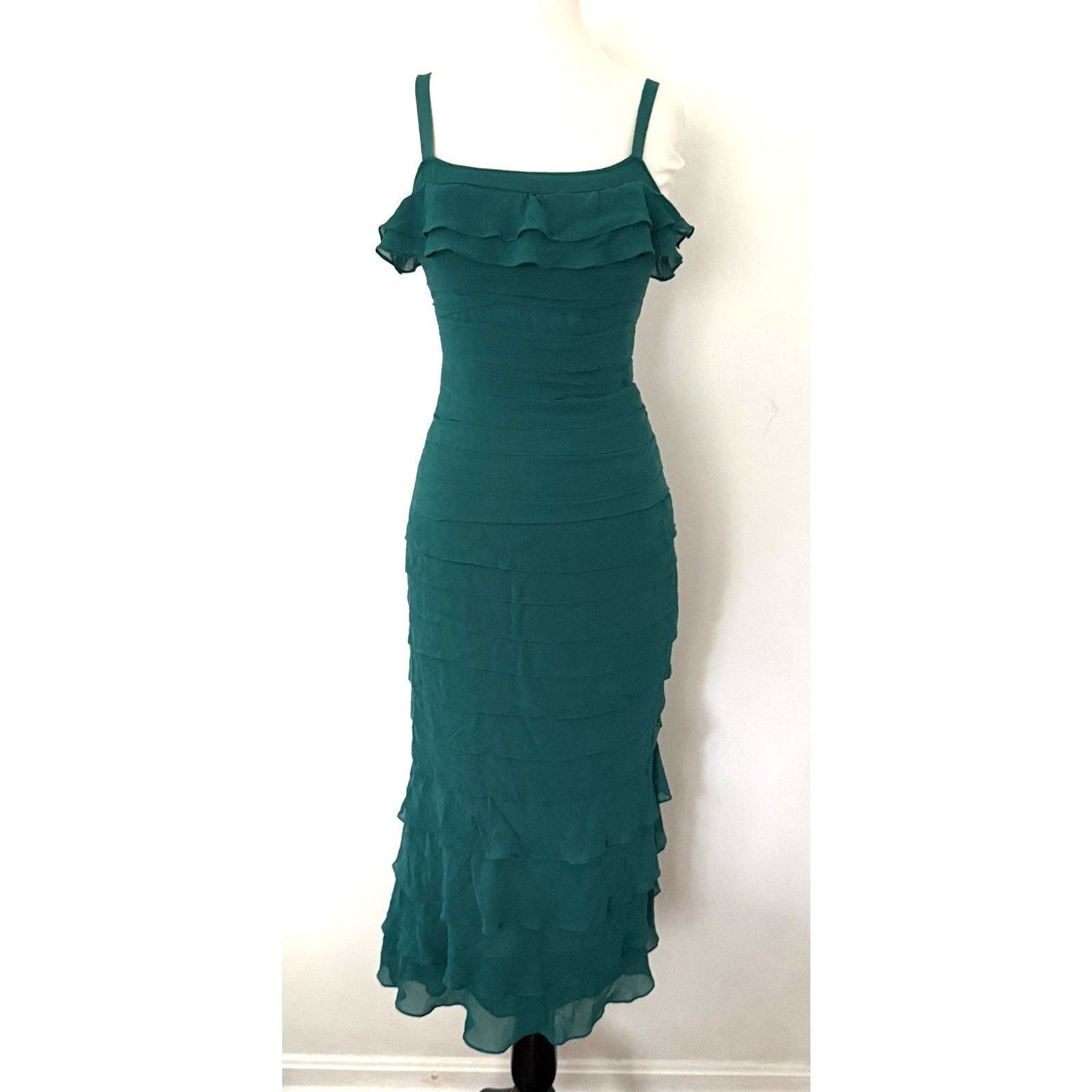 Gilar VTG Green Chiffon Silk Mermaidcore Whimsical Flounce Strap Dress 8 -Stain