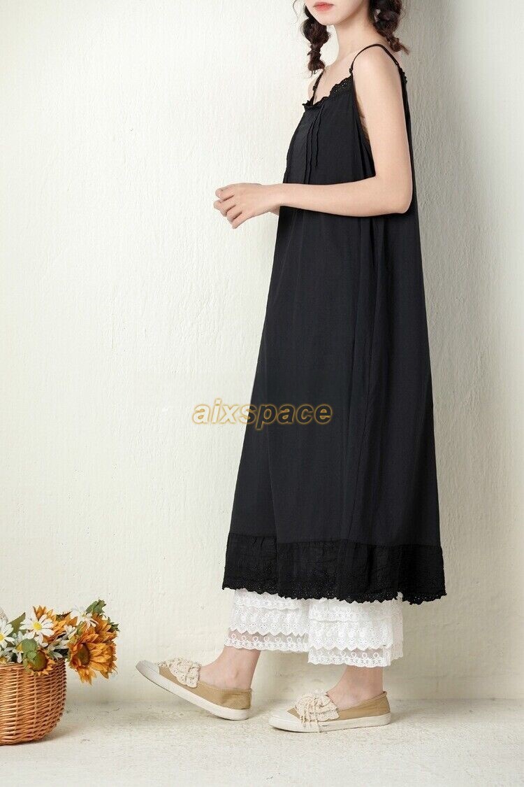 Lady 100% Cotton Camisole Full Slip Dress Cami Chemise Maxi Lace Dress Petticoat