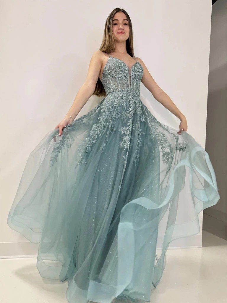 Sparkling Evening Dresses Spaghetti Straps Prom Event Dress Lace Appliques