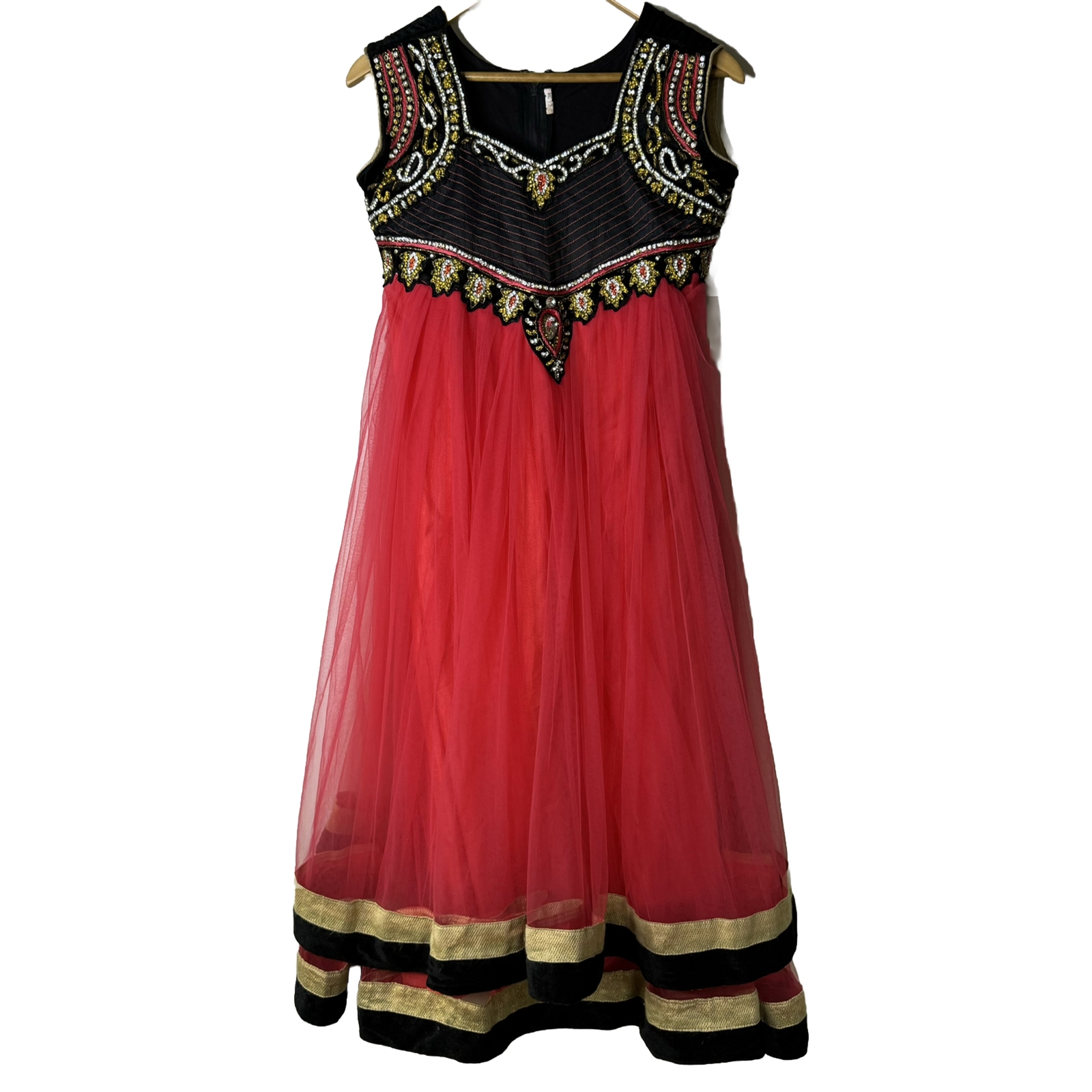 Red Black Gold Indian Anarkali Dress Velvet Party Gown Tiered Tulle Skirt Bling