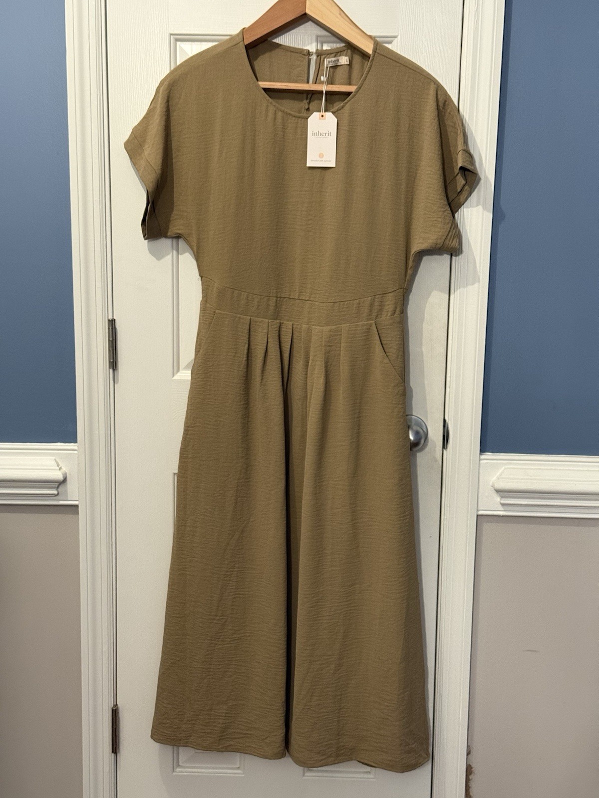 INHERIT Brown A-Line Long Dress Short Sleev Size L Women Classic Minimalist NWT