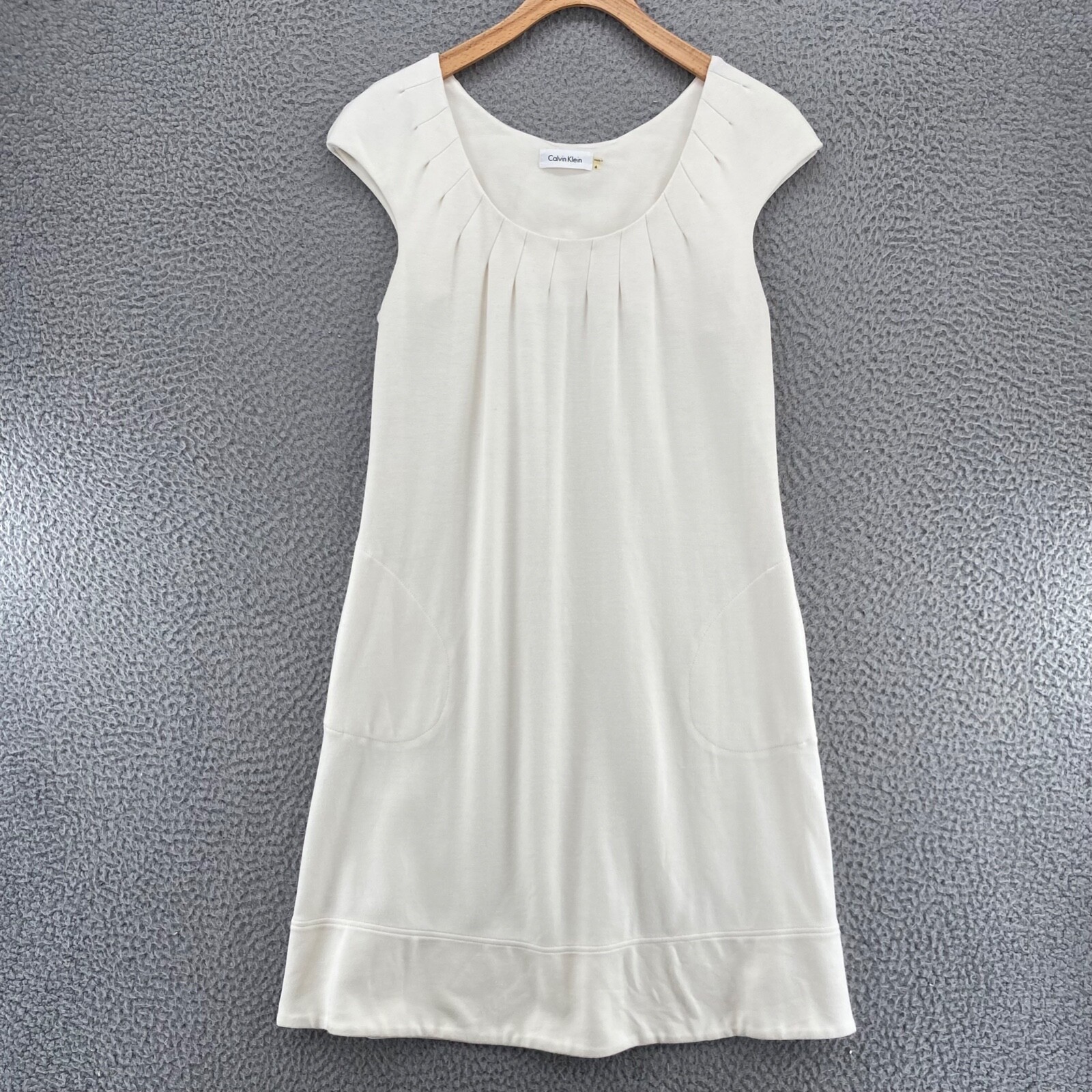 Calvin Klein Dress Womens 4 White Shift Ponte Knit Pleated Neckline Pocket Mini