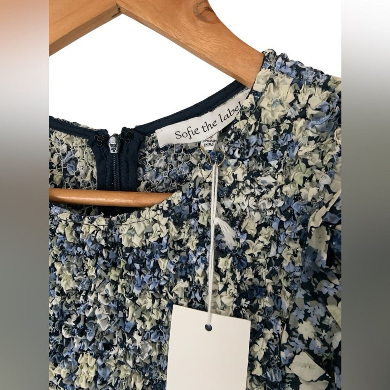 Sofie The Label Smocked Cottagecore Blue Floral Tie Cotton Mini Dress Sz Small