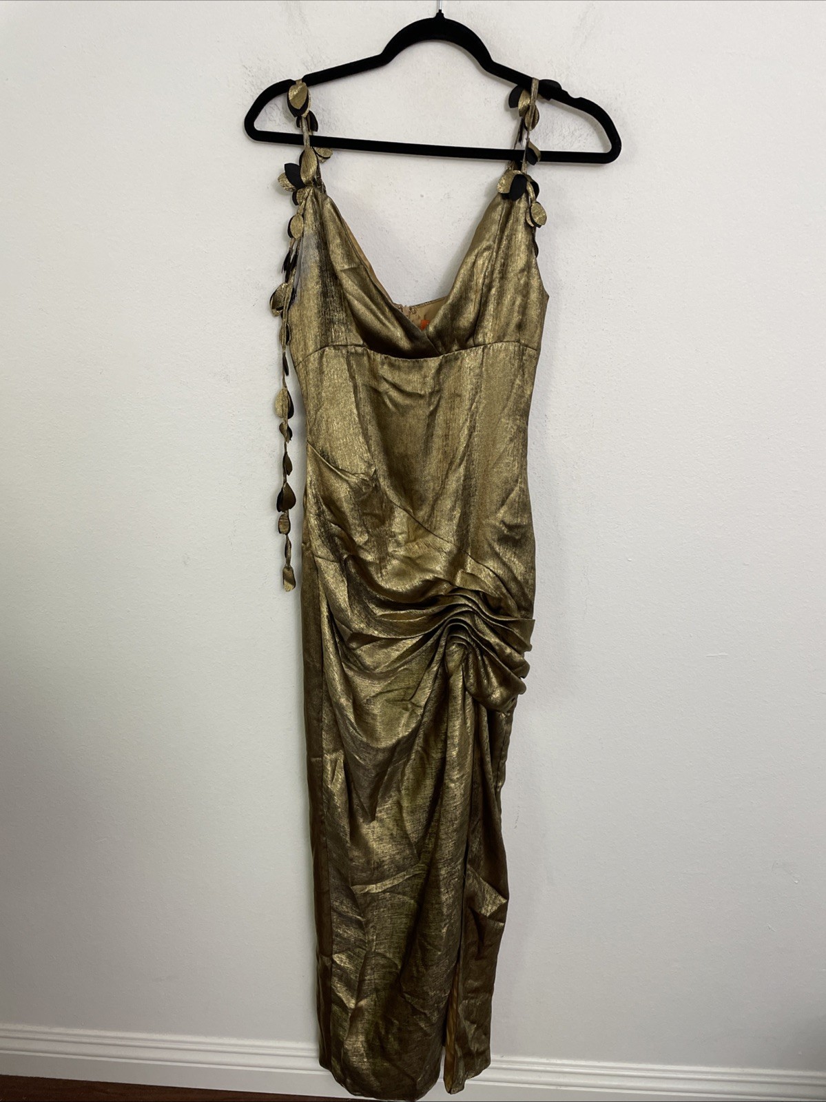 YAURA Ileri Dress draped leaf gold satin asymmetrical hem size S NWT $280msrp