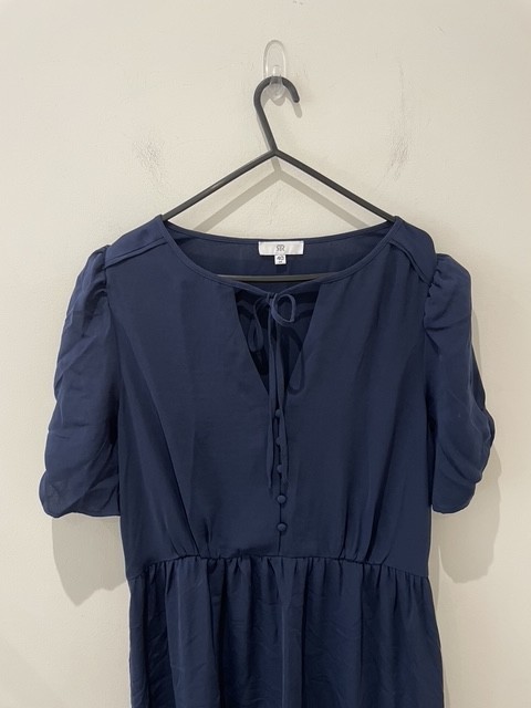 La Redoute Navy V-Neck Midi Dress Size 12 Short Puff Sleeves Draping RRP £52