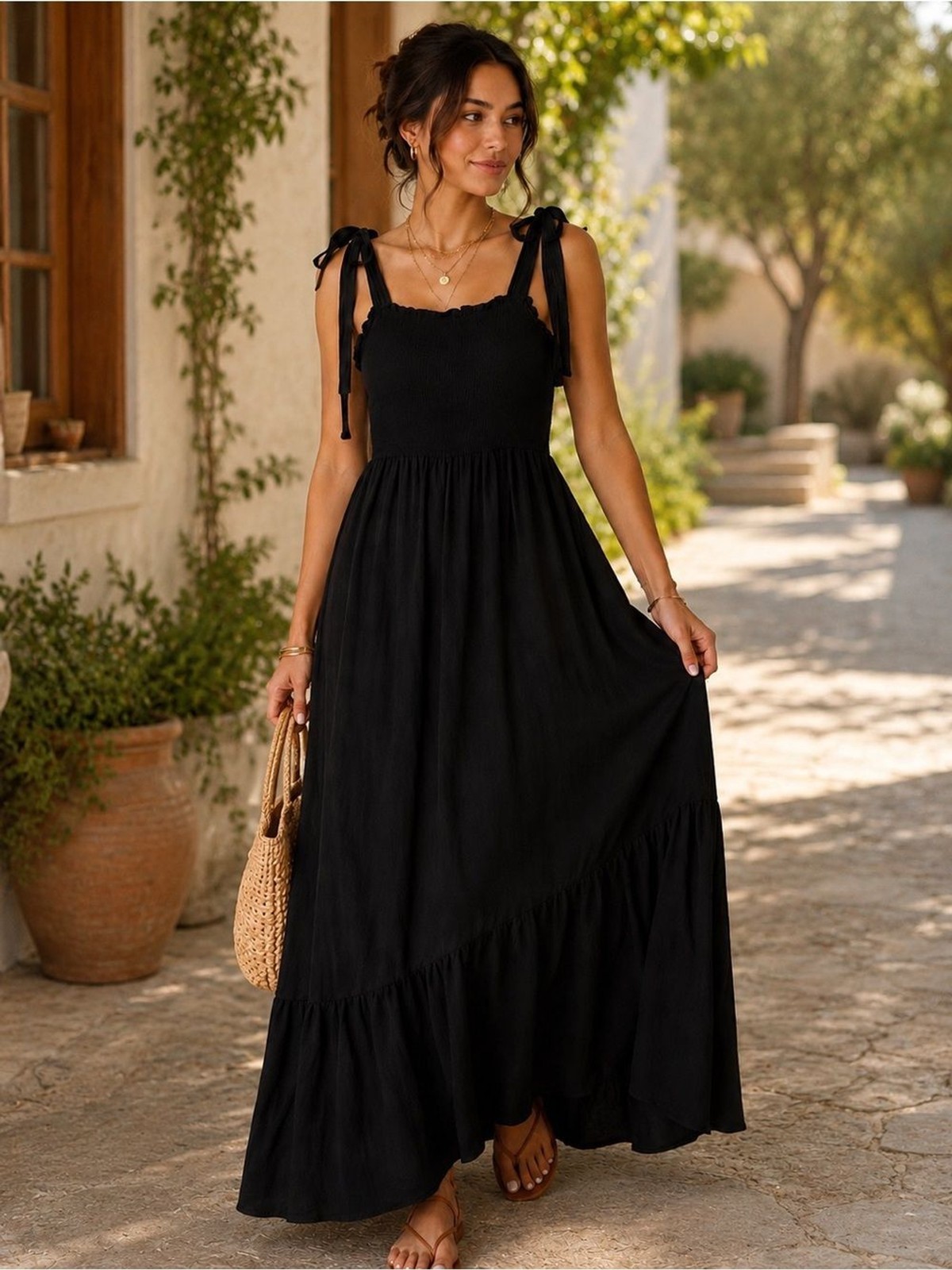 ZESICA Black Smocked Tie Shoulder Tiered Maxi Dress Women’s M