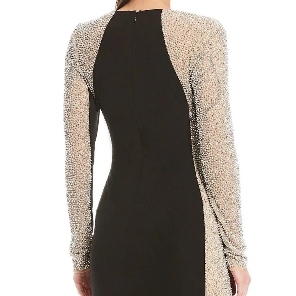Xscape Black Nude Silver Crystal Beaded Long Sleeve Gown Size 8 $298