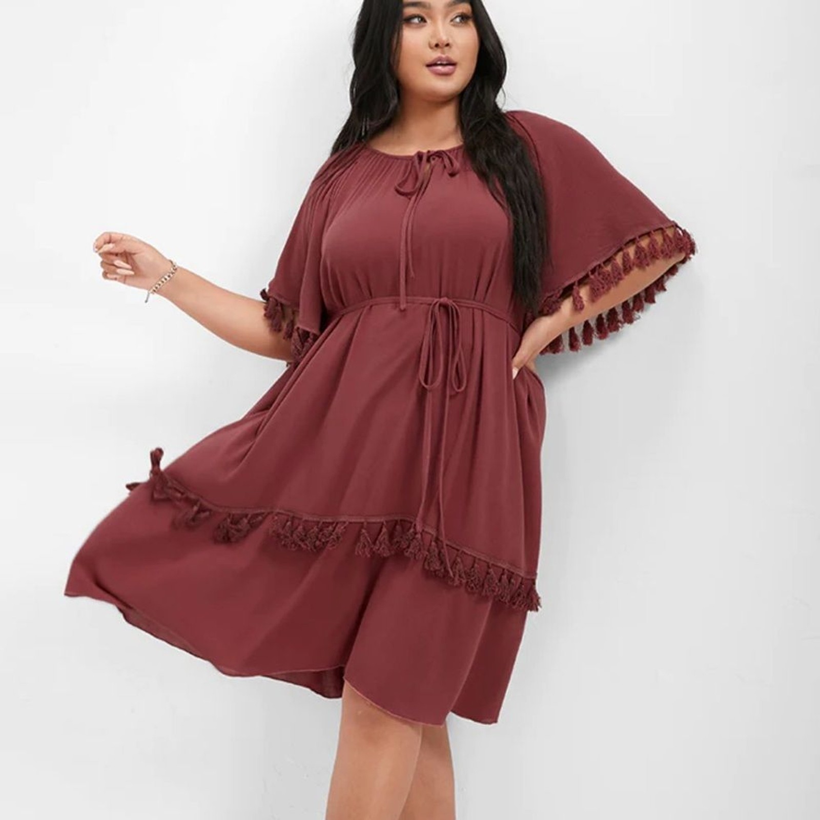 Plain Ruffles Tie Tassel Belted Dress