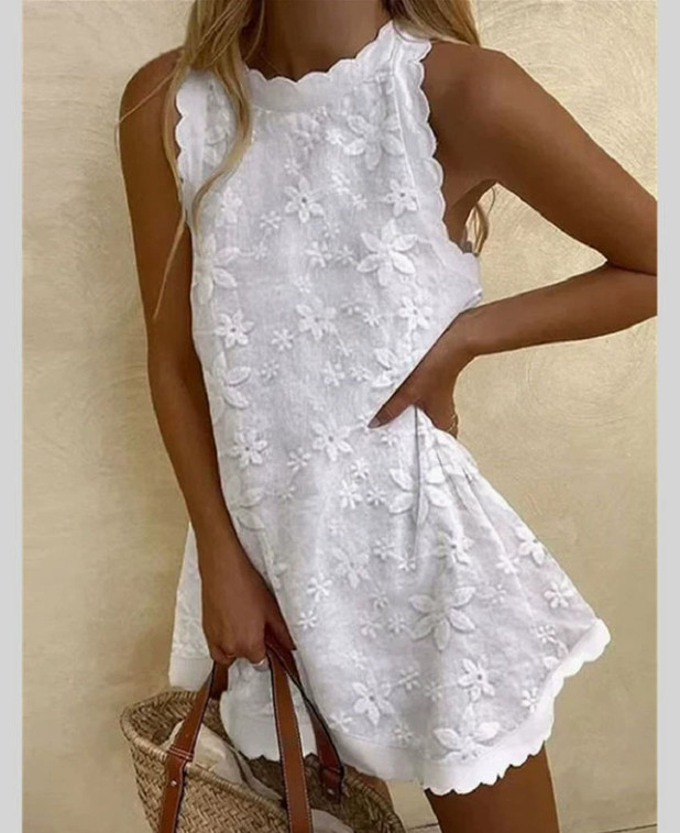 Women Summer Sleeveless Lace Mini Dress Sweet Floral Embroidered A-Line Sundress