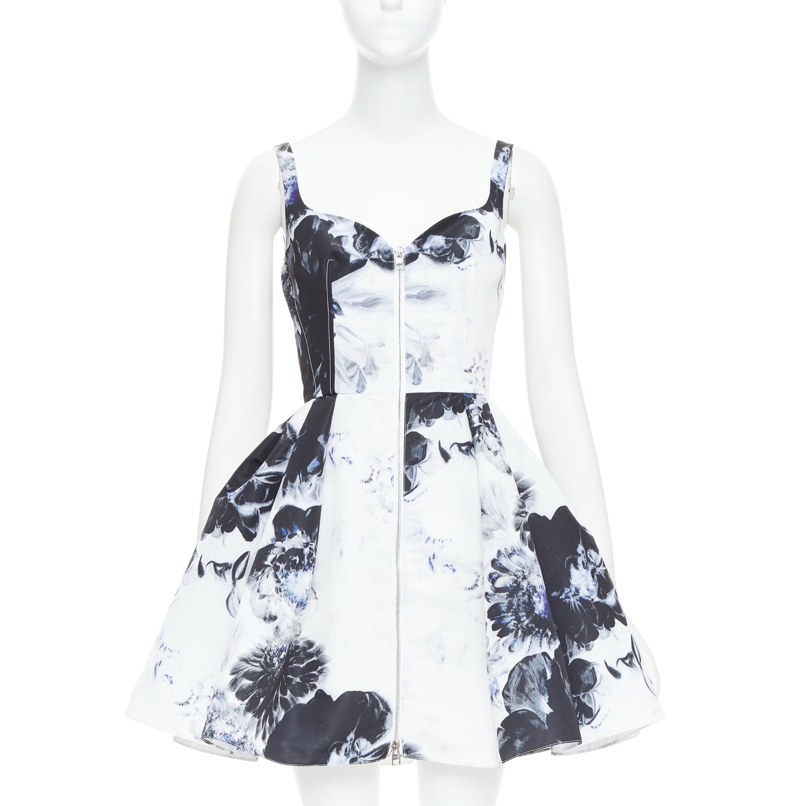 ALEXANDER MCQUEEN 2023 Chiaroscuro ink floral print zip front dress IT38 XS