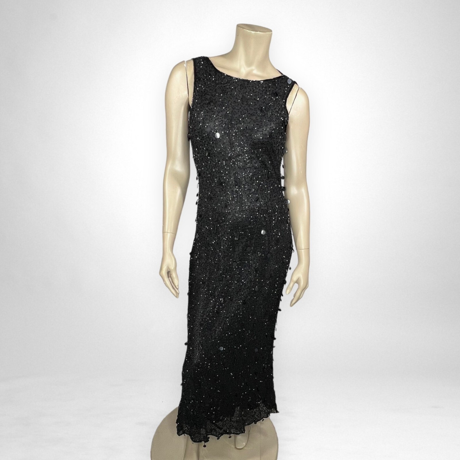 Vintage Elegant Fashions Large Silk Maxi Sequin Sleeveless Black Dress Wedding
