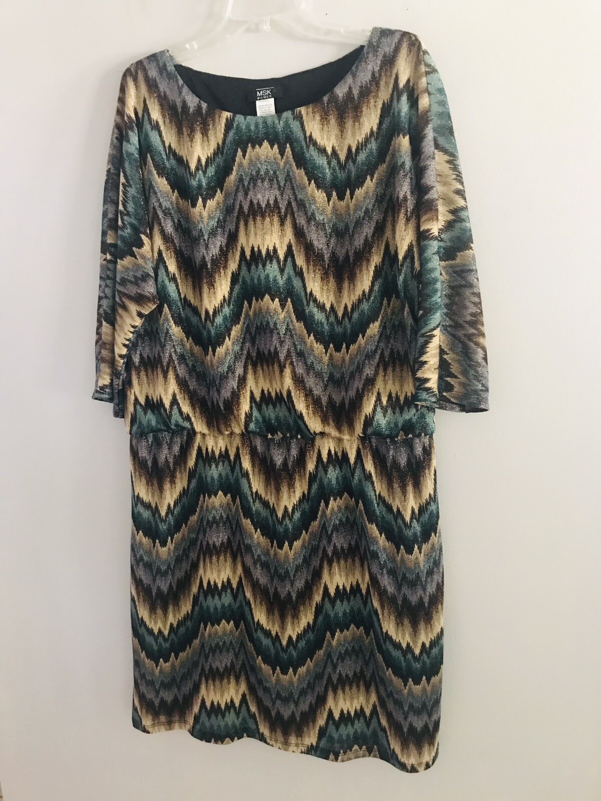 MSK Woman Metallic Sparkle Lined Green Beige Black Brown Blouson Dress Size 1X
