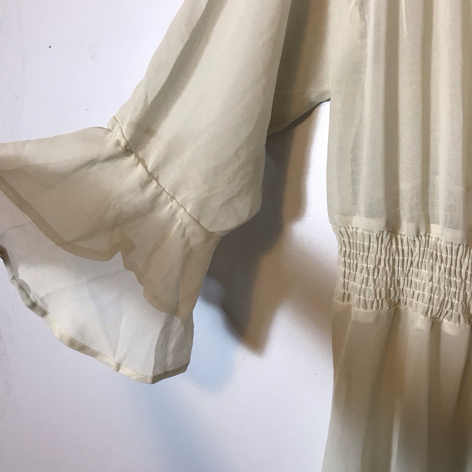 Vintage Y2K Sheer Gypsy Coquette Flowy Smocked Bodice Asymmetrical Off White XL