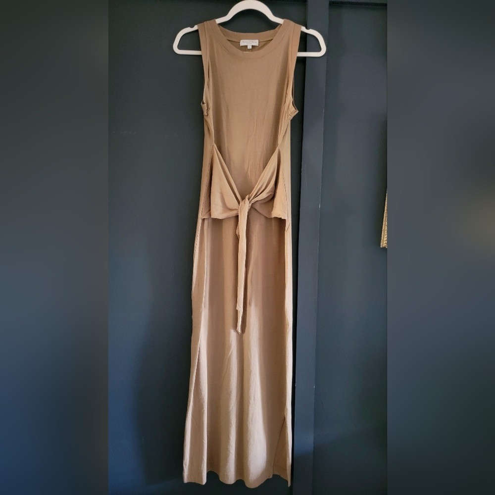 Michael Stars Solange Tie Detail Stretch Side Slits Maxi Dress Small Tan Brown