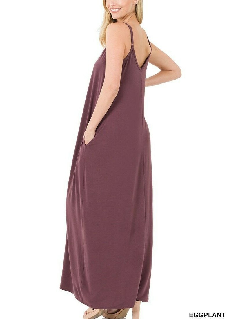 Zenana Cami Maxi Dress Adjustable Straps Loose Fit Side Pocket 1X 2X 3X