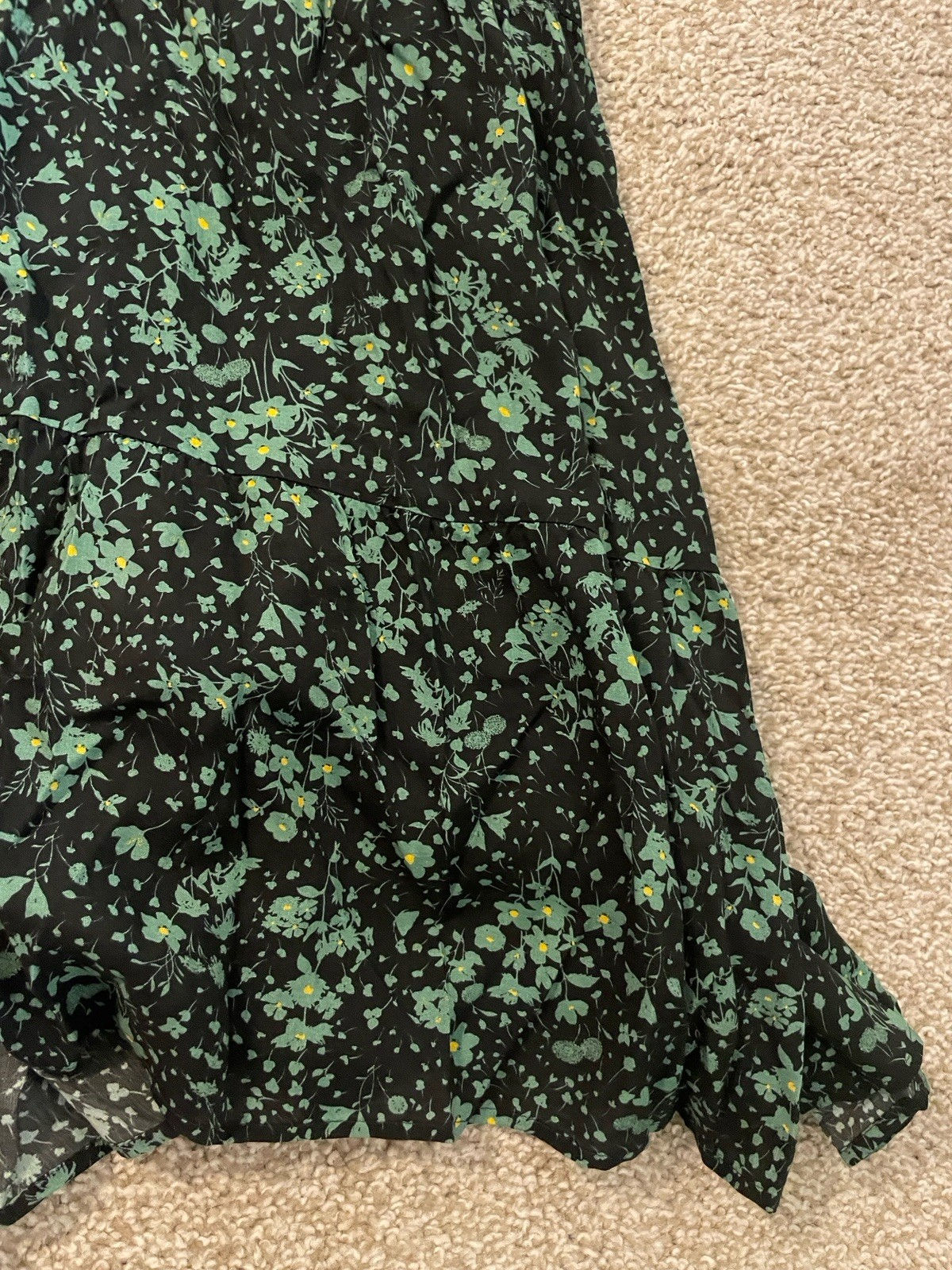 ZARA Black Green Floral Button Top Elastic Cuff Maxi Dress Sz XXL