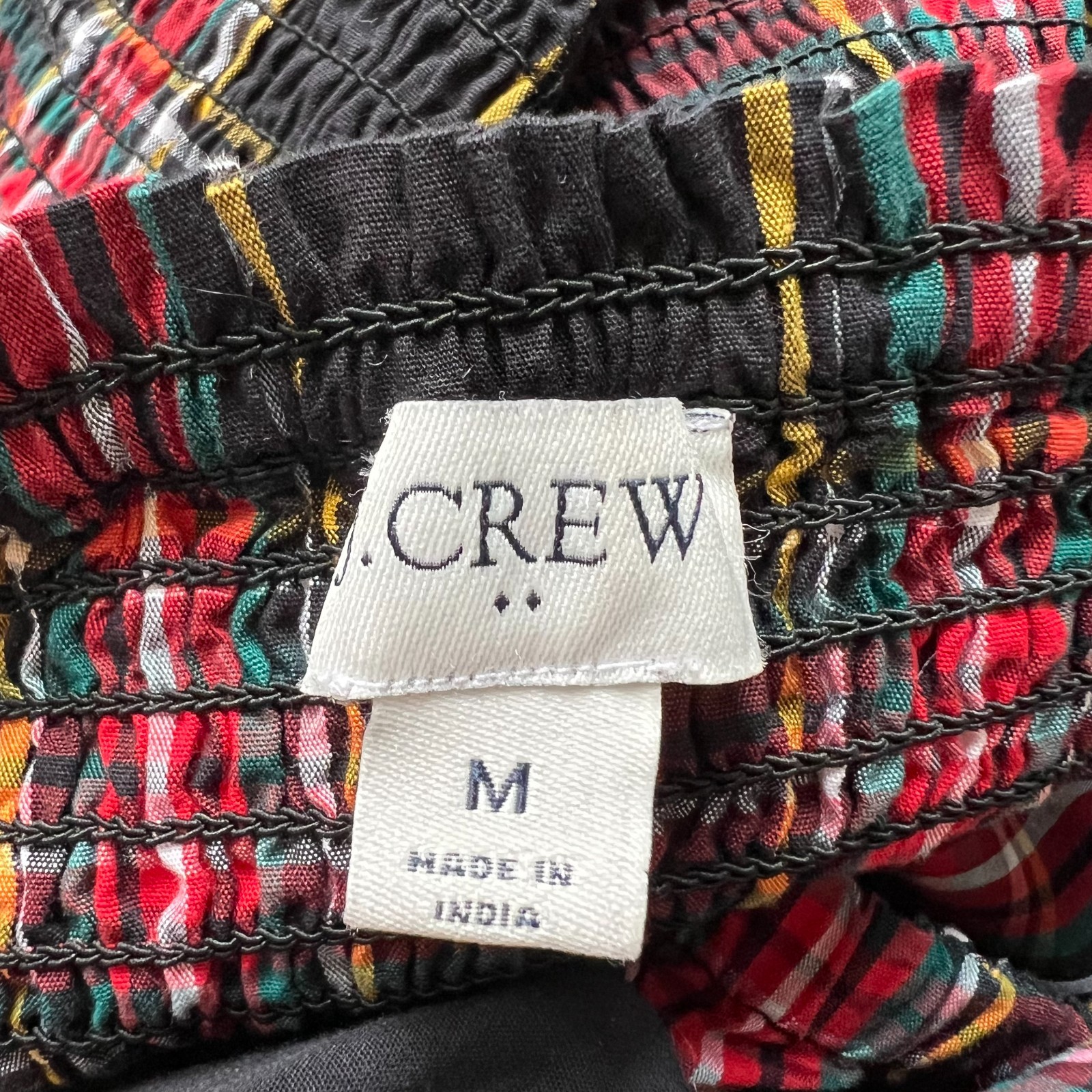 J Crew dress long sleeve black red tartan smocked womens Medium midi cotton