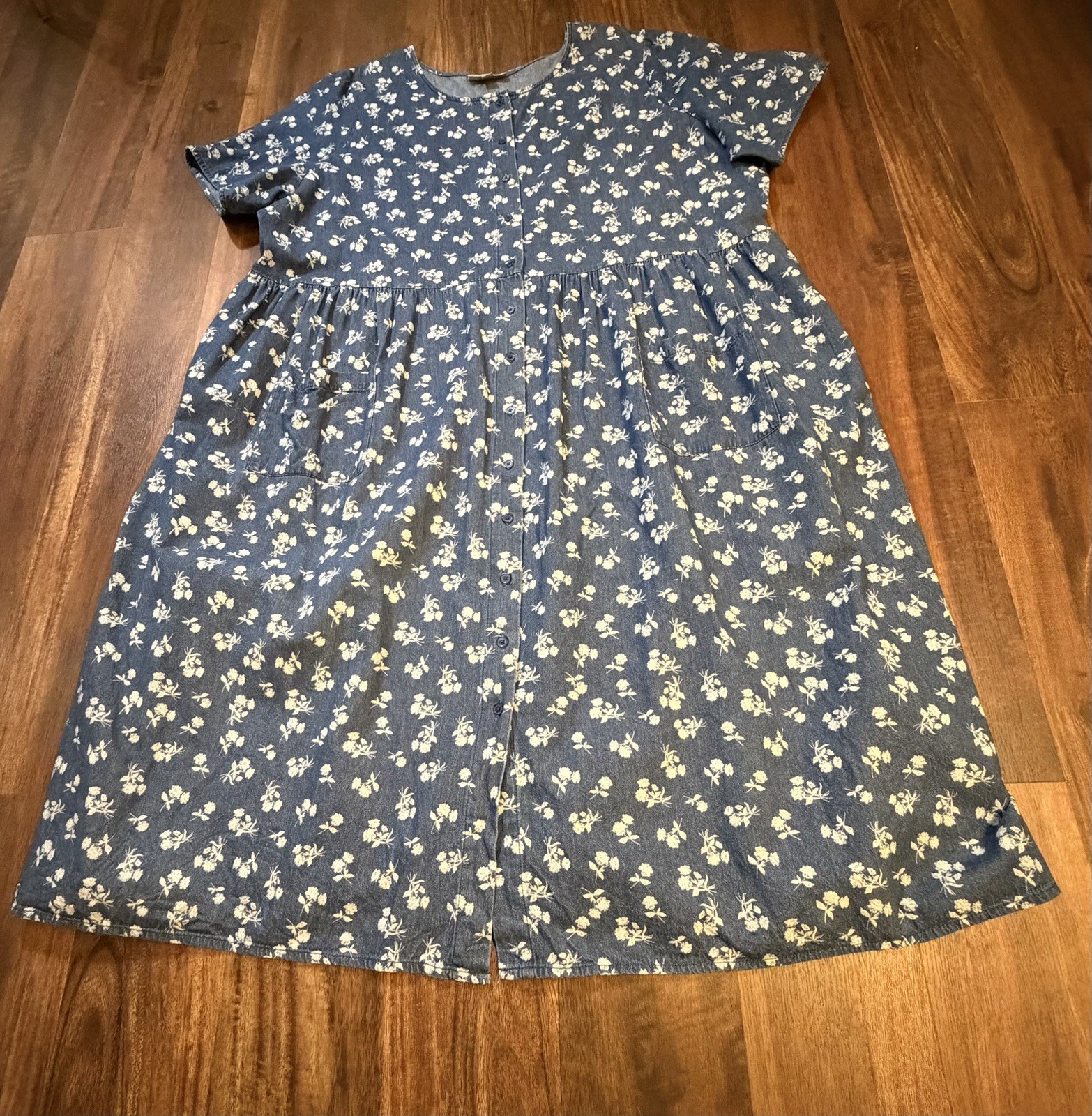 Woman Within Short Sleeve Blue Denim Maxi Dress Women’s 28W w/Floral Pattern
