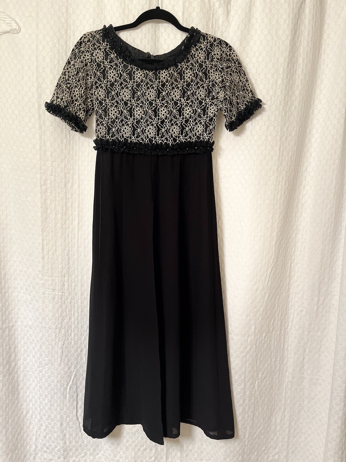 Vintage Black & White Lace Tunic Dress Front Split Crepe Skirt Back Zip Womens