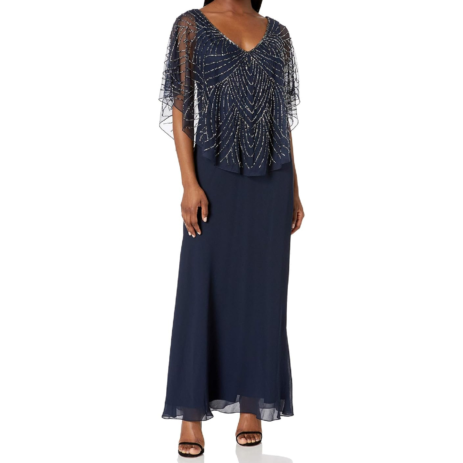 Women’s J Kara Long Dress with Beaded Capelet Sleeveless V-Neck Navy Blue 10P