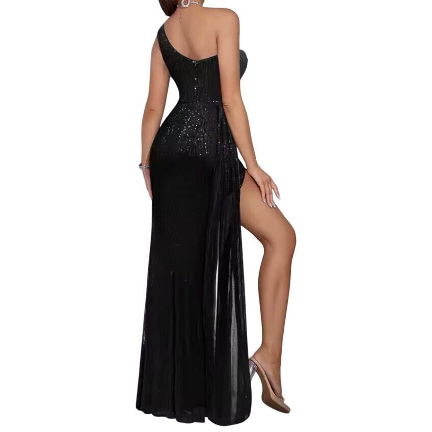 Adyce One Shoulder High Slit Sequin Dress in Black, Size L