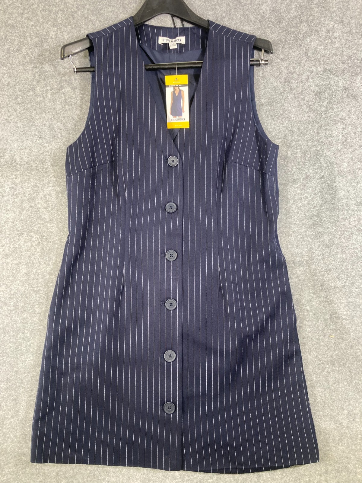 Steve Madden Pinstripe Vest Dress Womens Medium Navy Blue Lined Button Front NWT