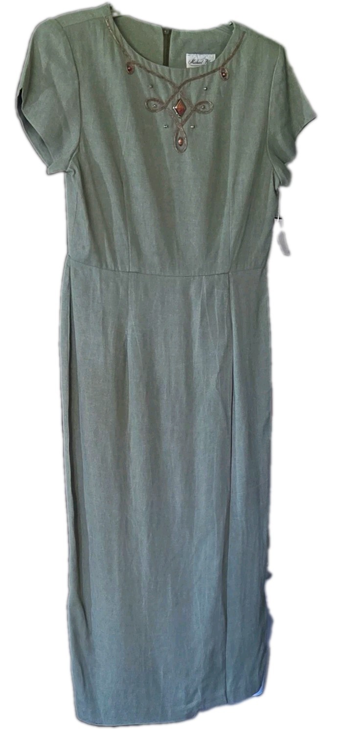 VTG Michael Blair Women’s Green Midi Dress Embroidered Embellished Size 8