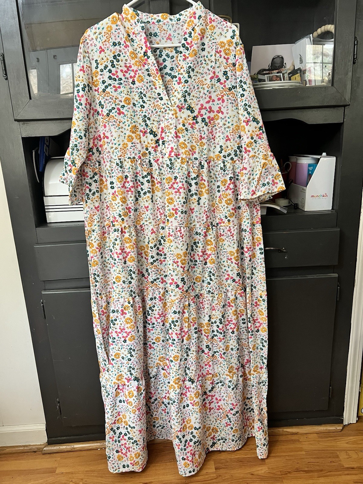 Floral Maxi Dress White Pink Yellow Teal Ruffle Flared Sleeve V-Neck 1XL Plus