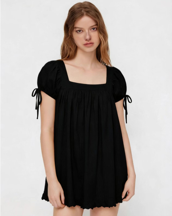 Ladies Summer Casual Square Neck Shirt Short Sleeve Tie Knot Ruffle Blouse Dress