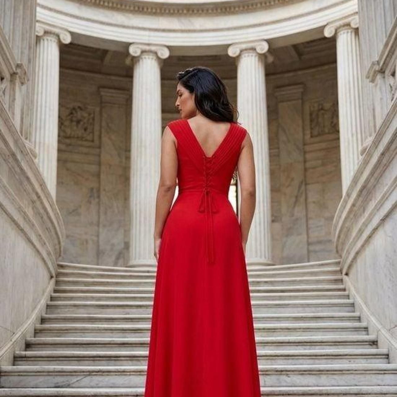 Dreamind Red V-Neck Evening Maxi Dress with Side Cascade