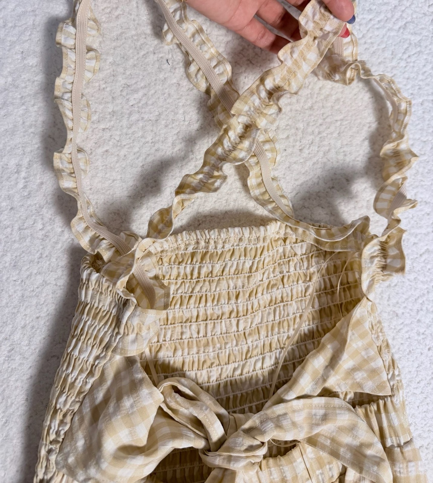 Le Lis Collection Yellow White Gingham Seersucker Smocked Midi Dress Tie Back