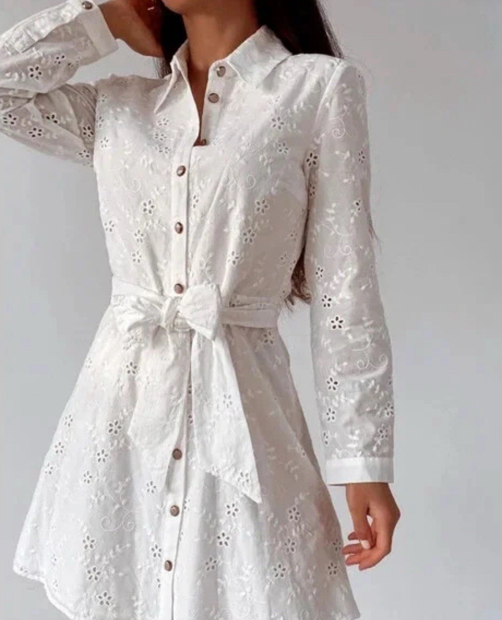 ZARA Openwork Eyelet Embroidered Short Belted Oyster White S Long Sleeve