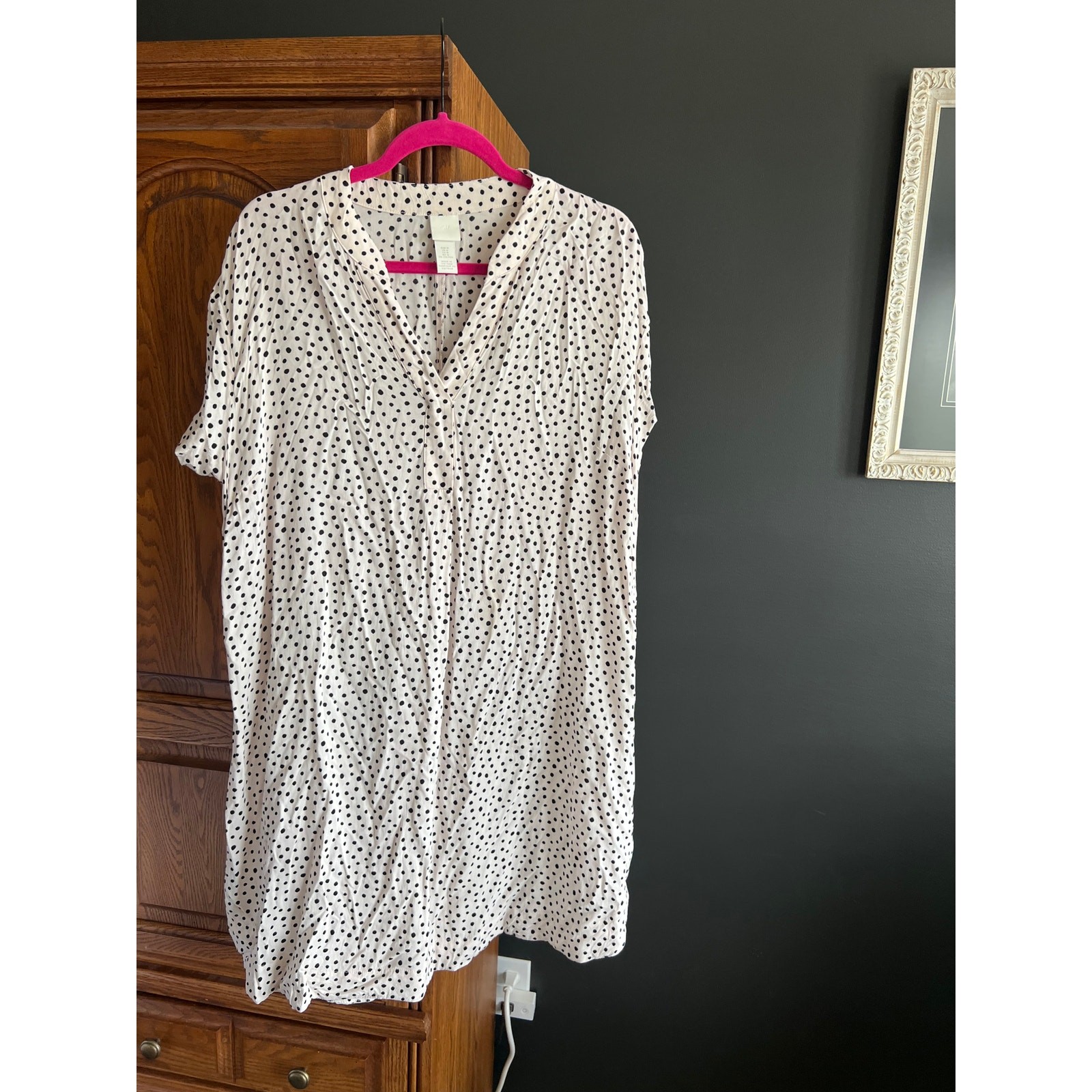 H&M Polka Dot Tunic Dress Medium M Cream Black Viscose Shift Short Sleeve