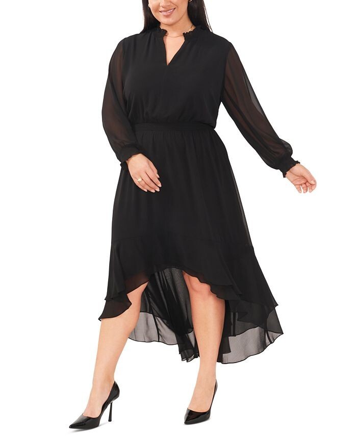 Vince Camuto Women’s Plus Size Smocked-Trim Trendy High-Low Dress Black 3X