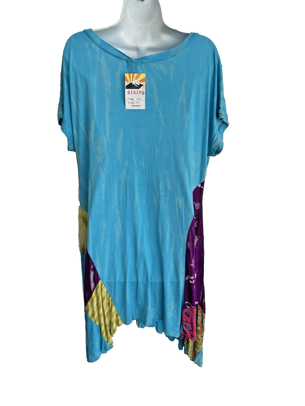 NWT Rising Blue Tie-Dye Boho Patchwork & Embroidery Asymmetrical Dress 2XL