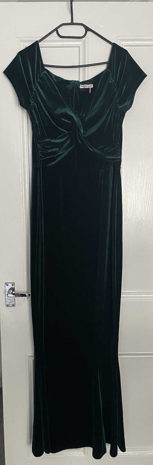 Emerald Green Velvet Knot Front Bardot Evening Gown UK12/14 See Description