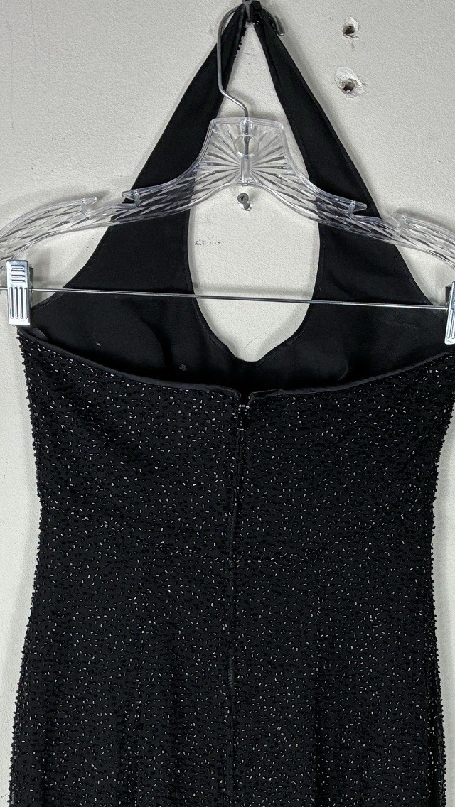 Vintage 80s Beaded Bieff Basix Formal Prom Halter Full Length Dress Size 4